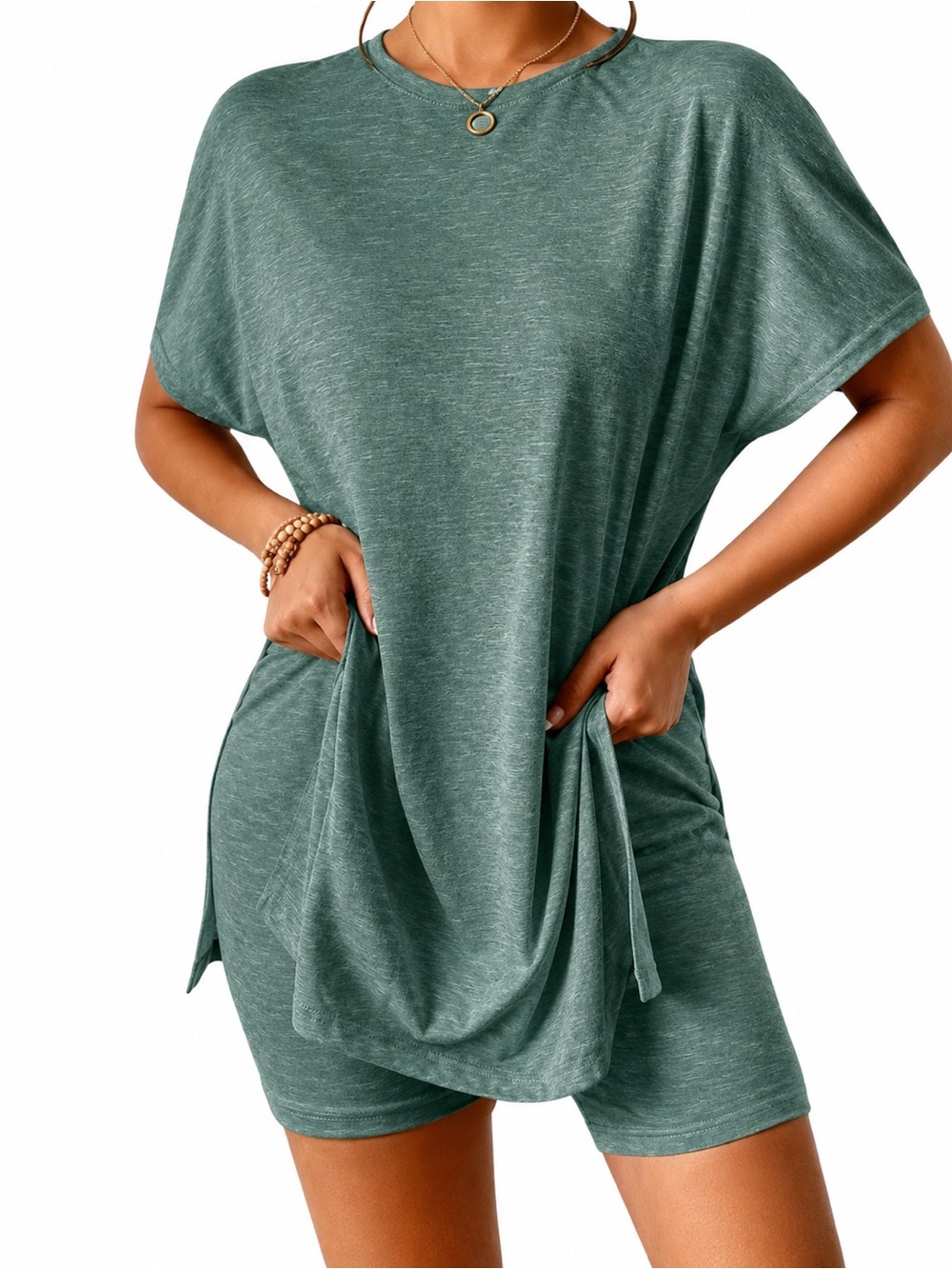 SHEIN Matching Lounge Set Green Tee & Biker Shorts Co Ord Set Size Small